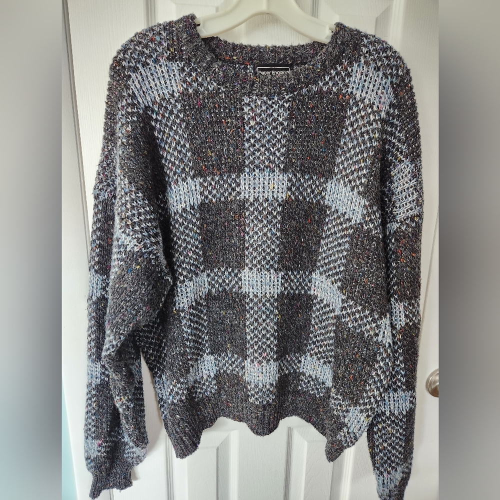 Peter England Chunky Plaid Knit Sweater Wool Blend Oversized Grunge